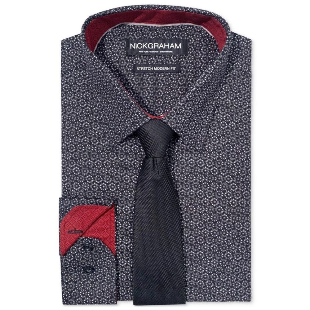 Nick Graham Mens Slim Stipple Circle Tie Set Button Down Dress Shirt, Black, ...
